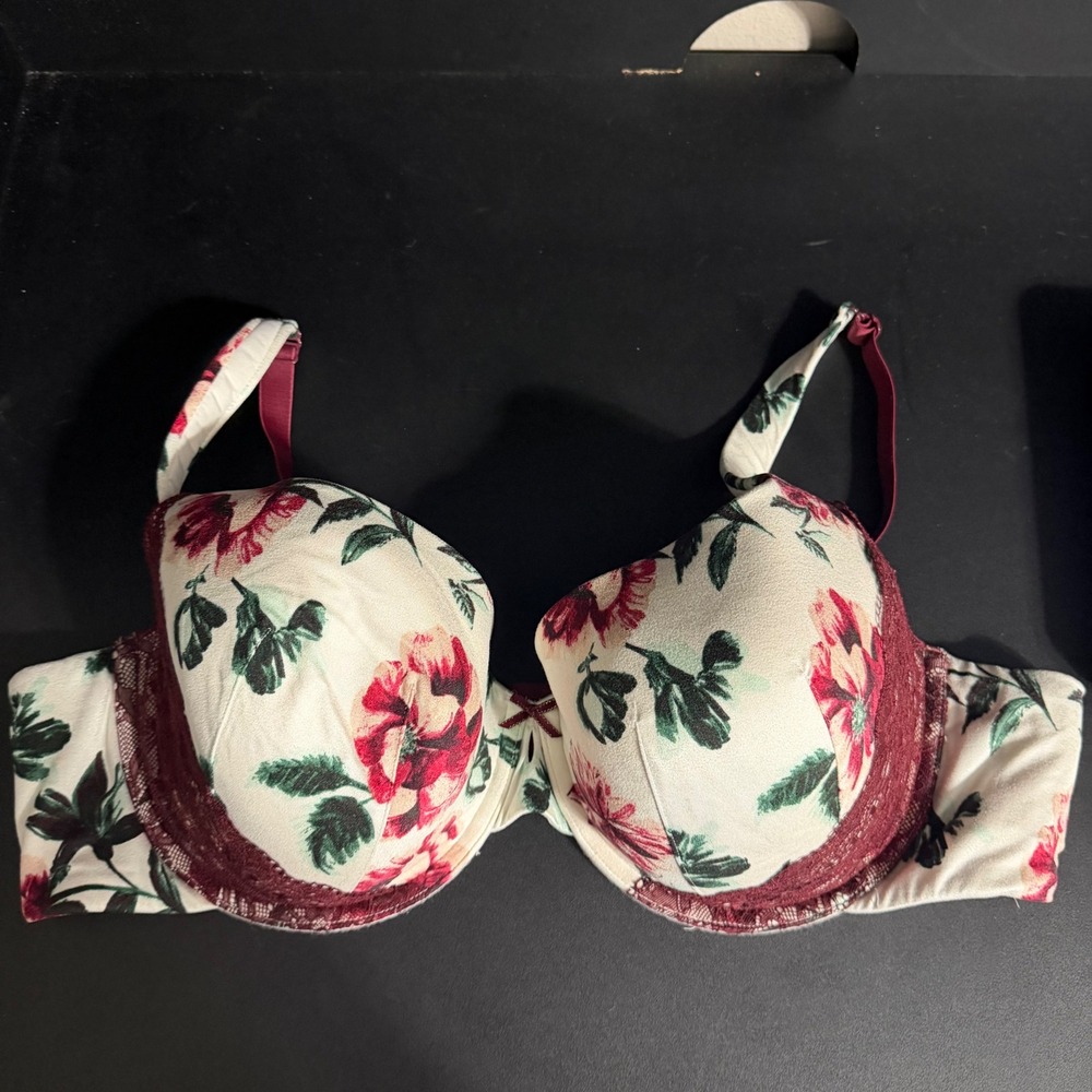 Cacique Underwire Bra Womens 44C White Floral Burgundy Lace Padded Trim
